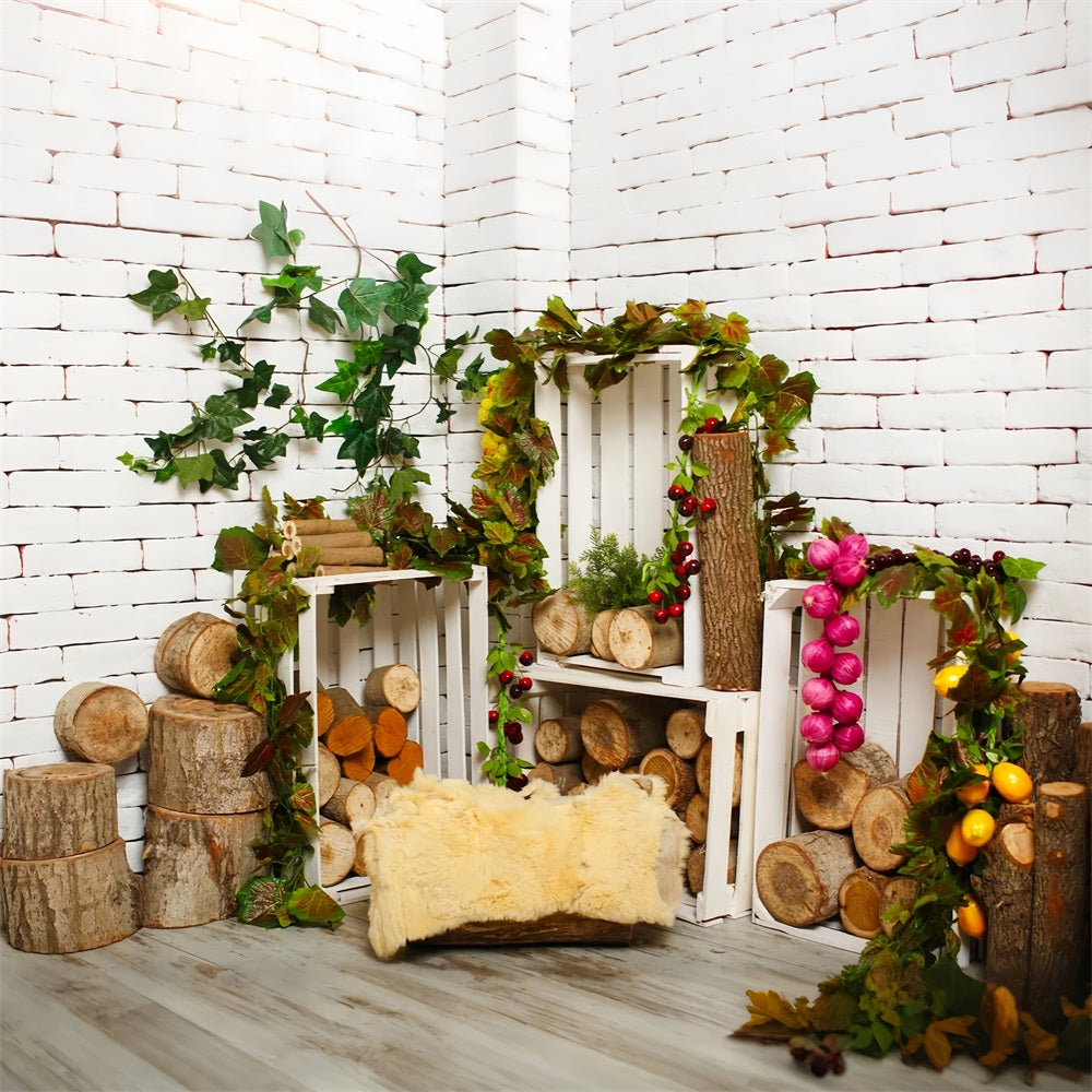 Wood Floor Backdrop White Brick Wall Woodland Backdrop UK GQ4-109