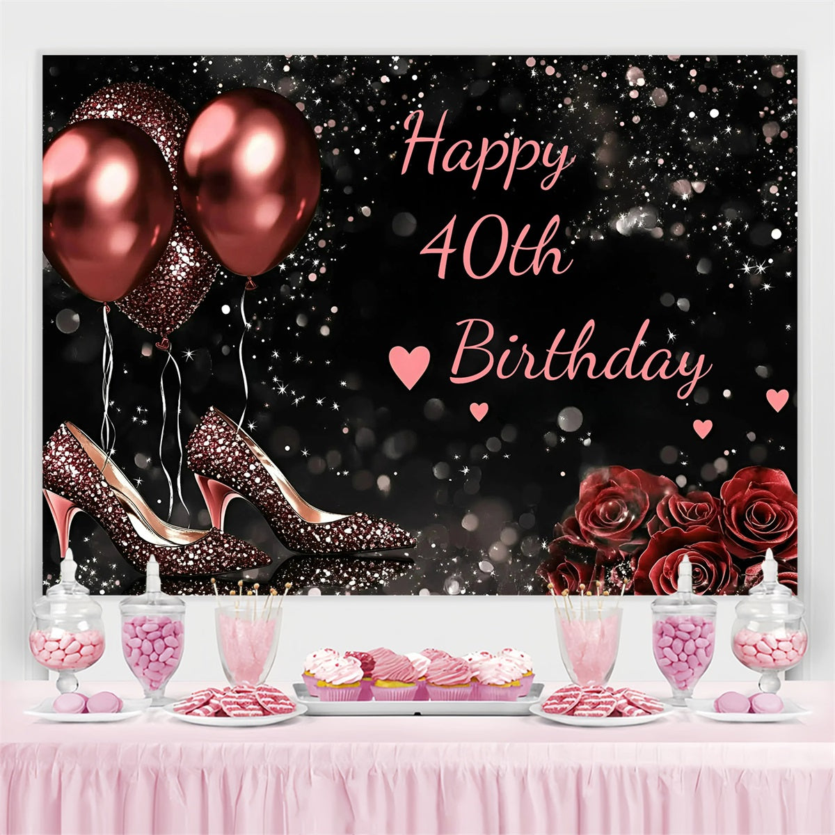 40th Birthday Backdrop Rose Balloons High Heel Custom Backdrop UK GQ4-218
