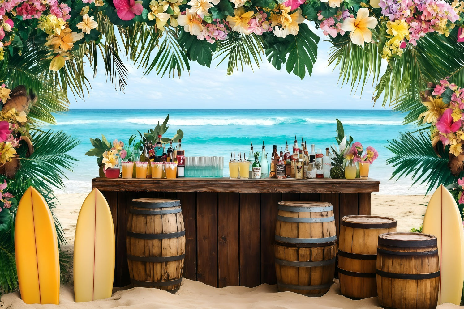 Photography Beach Backdrop Floral Tiki Bar Summer Backdrop UK GQ4-283