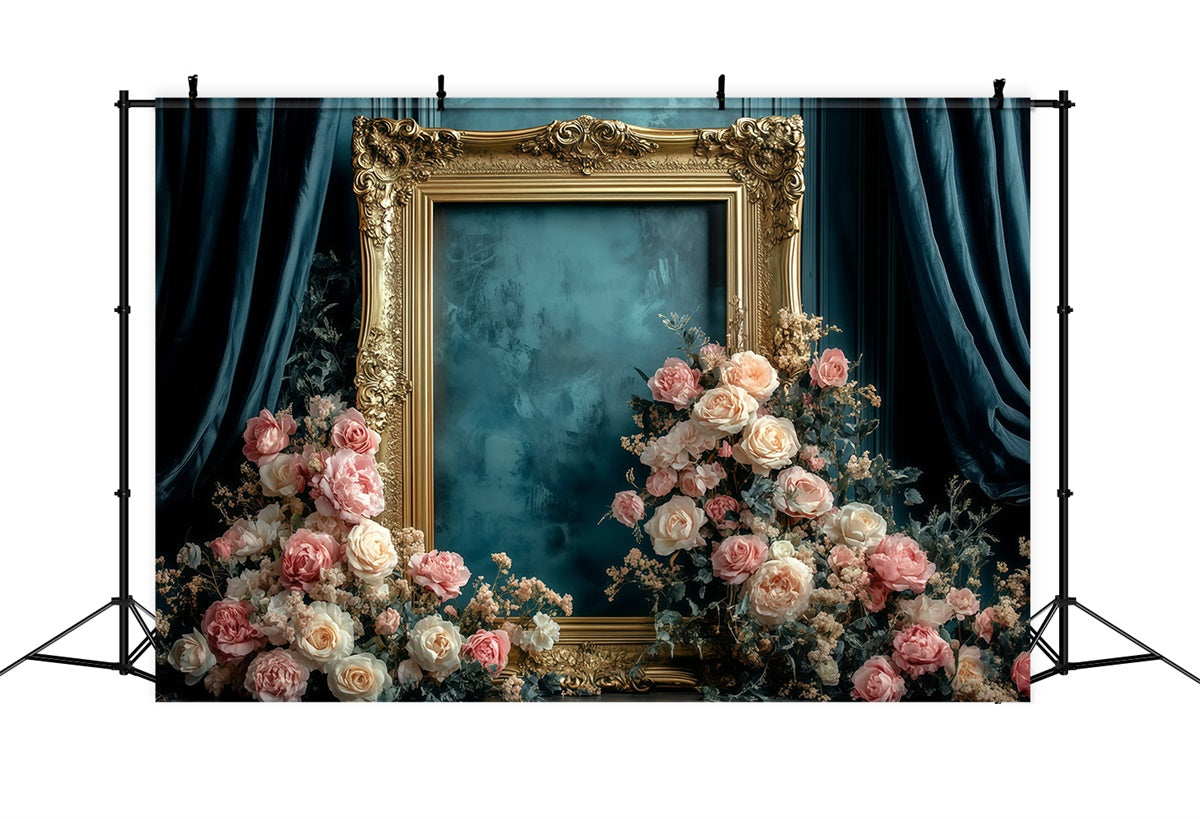 Retro Photo Backdrop Antique Gold Frame Floral Vintage Backdrop UK GQ4-326