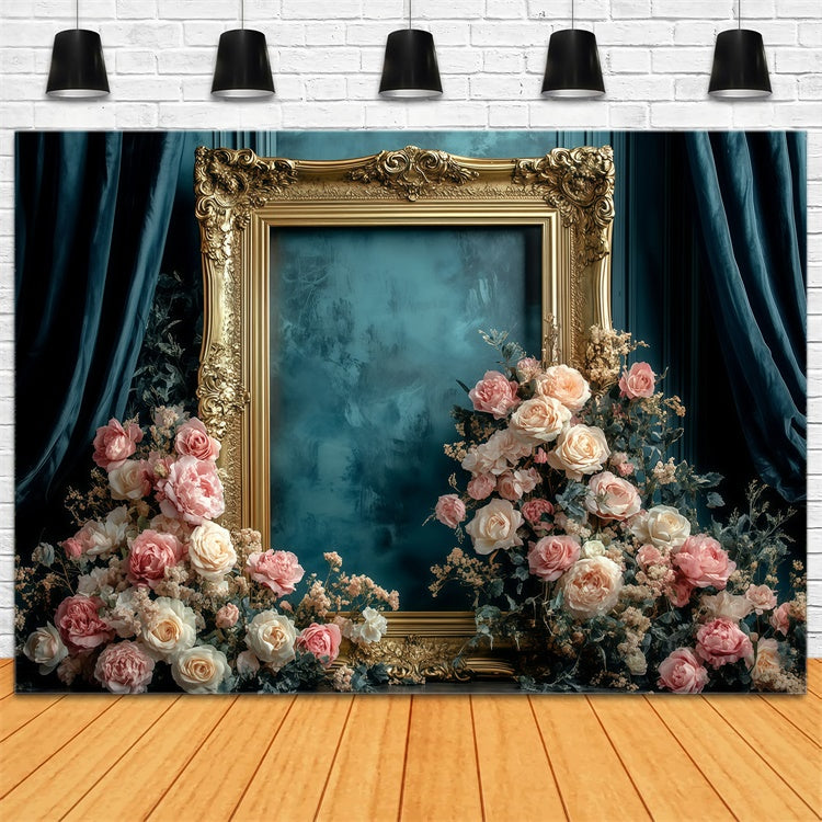 Retro Photo Backdrop Antique Gold Frame Floral Vintage Backdrop UK GQ4-326