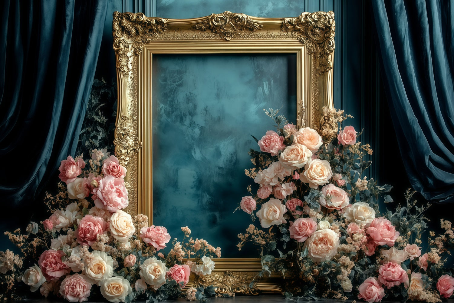 Retro Photo Backdrop Antique Gold Frame Floral Vintage Backdrop UK GQ4-326