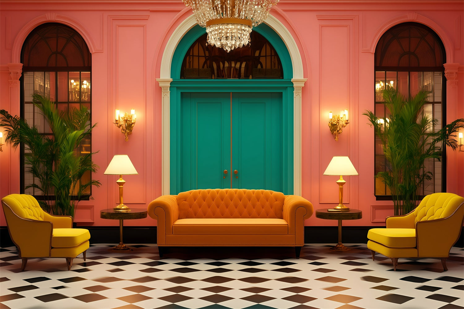 Vintage Backdrop For Photoshoot Colorful Hotel Lobby Backdrop UK GQ4-329
