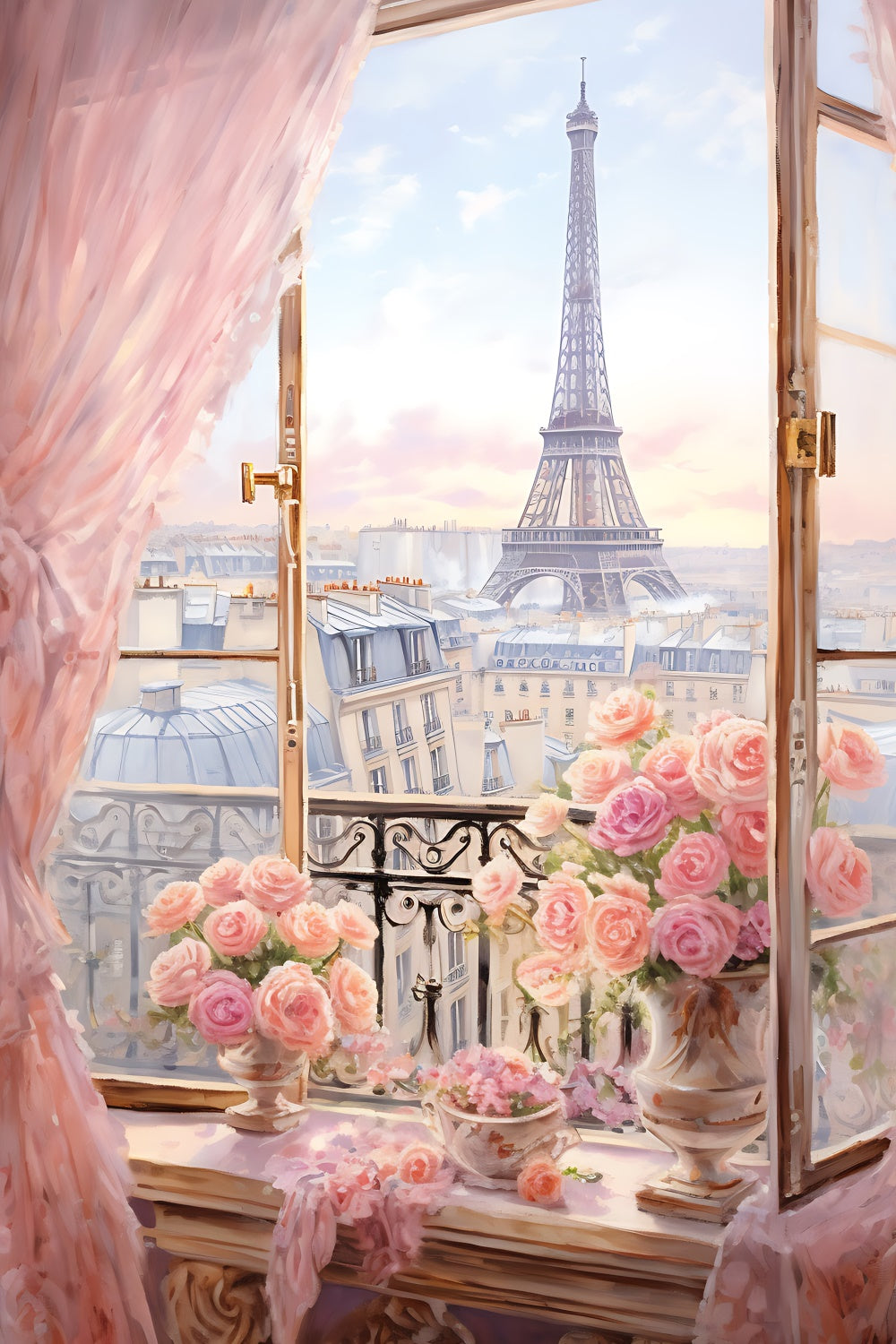 Eiffel Tower Paris Backdrop Dreamy Paris View Roses Backdrop UK GQ4-48