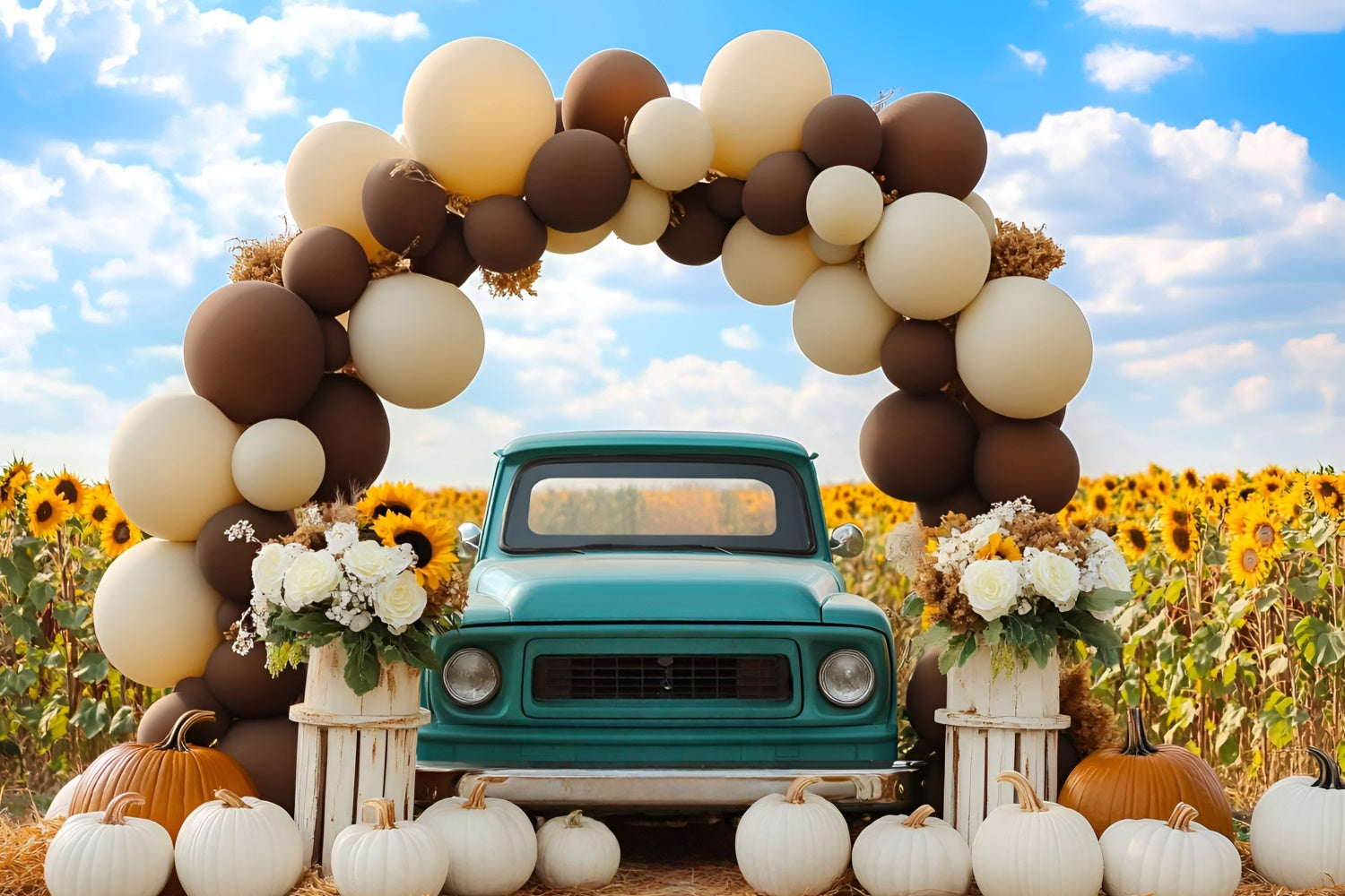 Autumn Backdrops Vintage Blue Truck Sunflower Backdrop UK GQ5-76