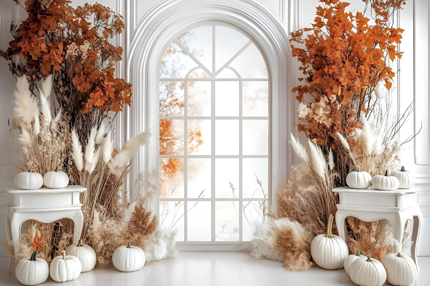Autumn Backdrop Elegant White Pumpkin Window Backdrop UK GQ5-85