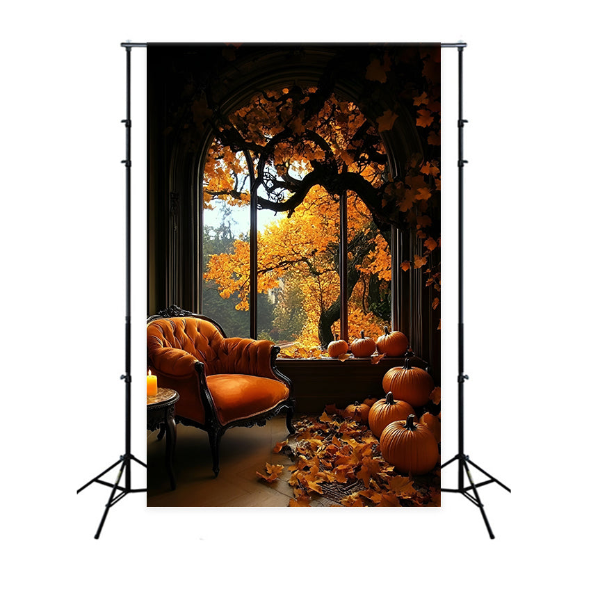 Fall Photo Backdrop Cozy Room Pumpkins Window Backdrop UK GQ5-87