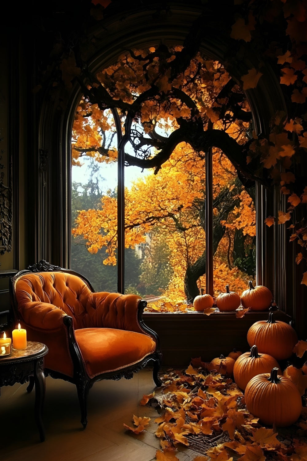 Fall Photo Backdrop Cozy Room Pumpkins Window Backdrop UK GQ5-87