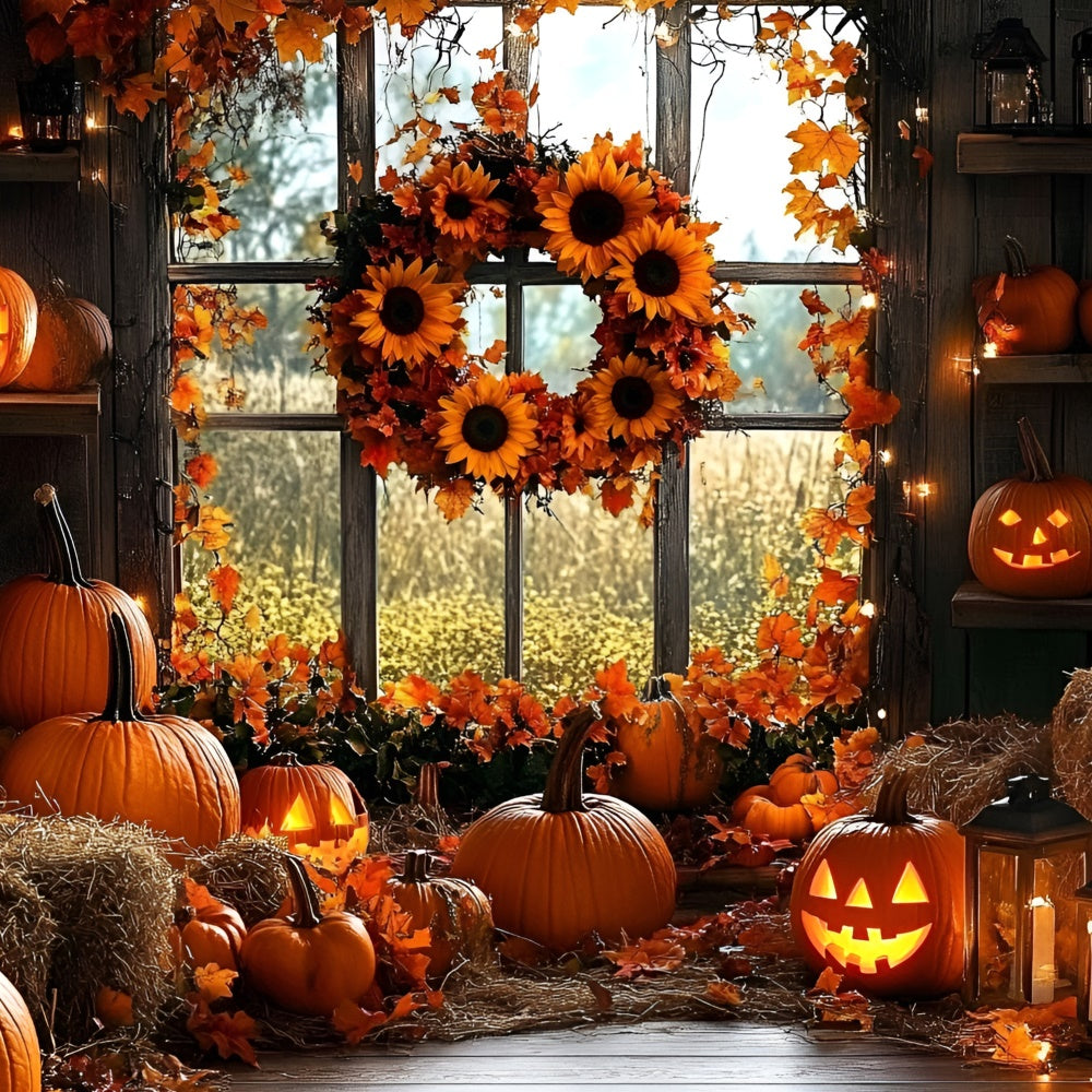 Fall Backdrop Halloween Pumpkins Sunflower Wreath Backdrop UK GQ5-91