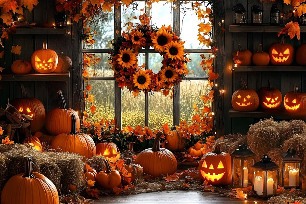 Fall Backdrop Halloween Pumpkins Sunflower Wreath Backdrop UK GQ5-91