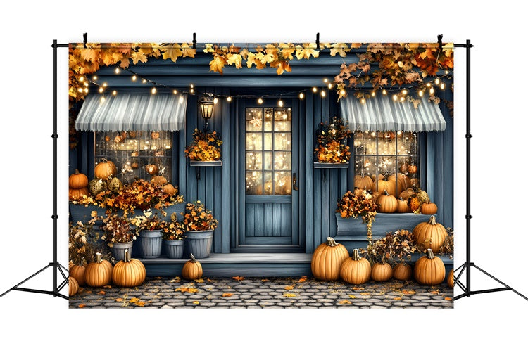 Autumn Backdrops Blue Cottage Porch Pumpkins Backdrop UK GQ5-92
