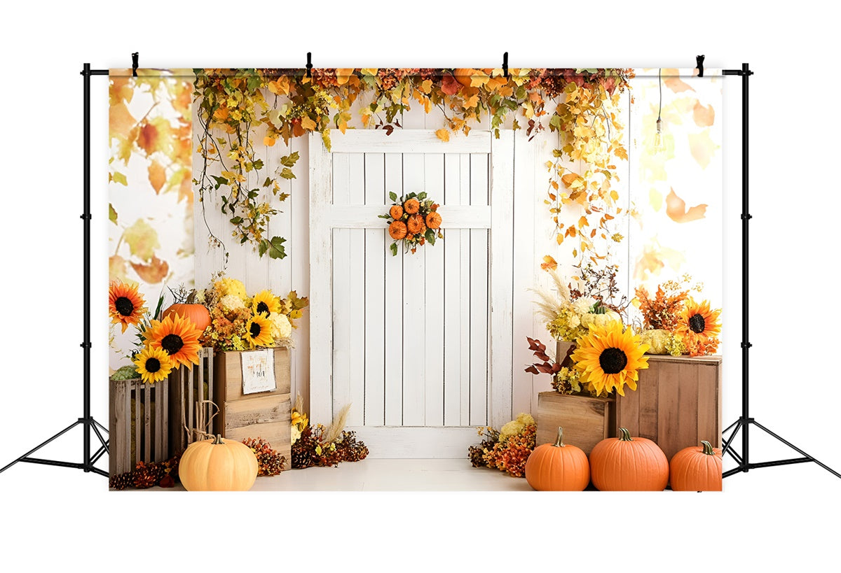 Fall Backdrop White Door Sunflowers Pumpkins Backdrop UK GQ5-95