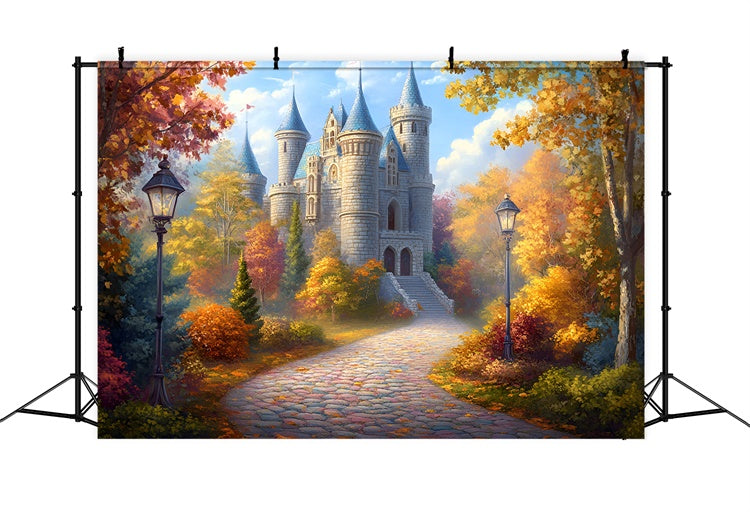 Castle Photo Backdrop Golden Forest Pathway Fall Backdrop UK GQ57-104