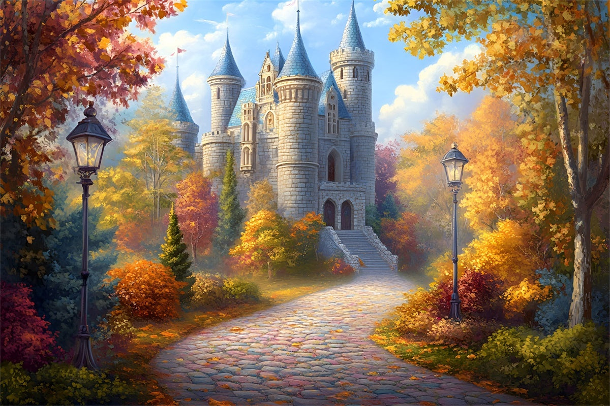 Castle Photo Backdrop Golden Forest Pathway Fall Backdrop UK GQ57-104