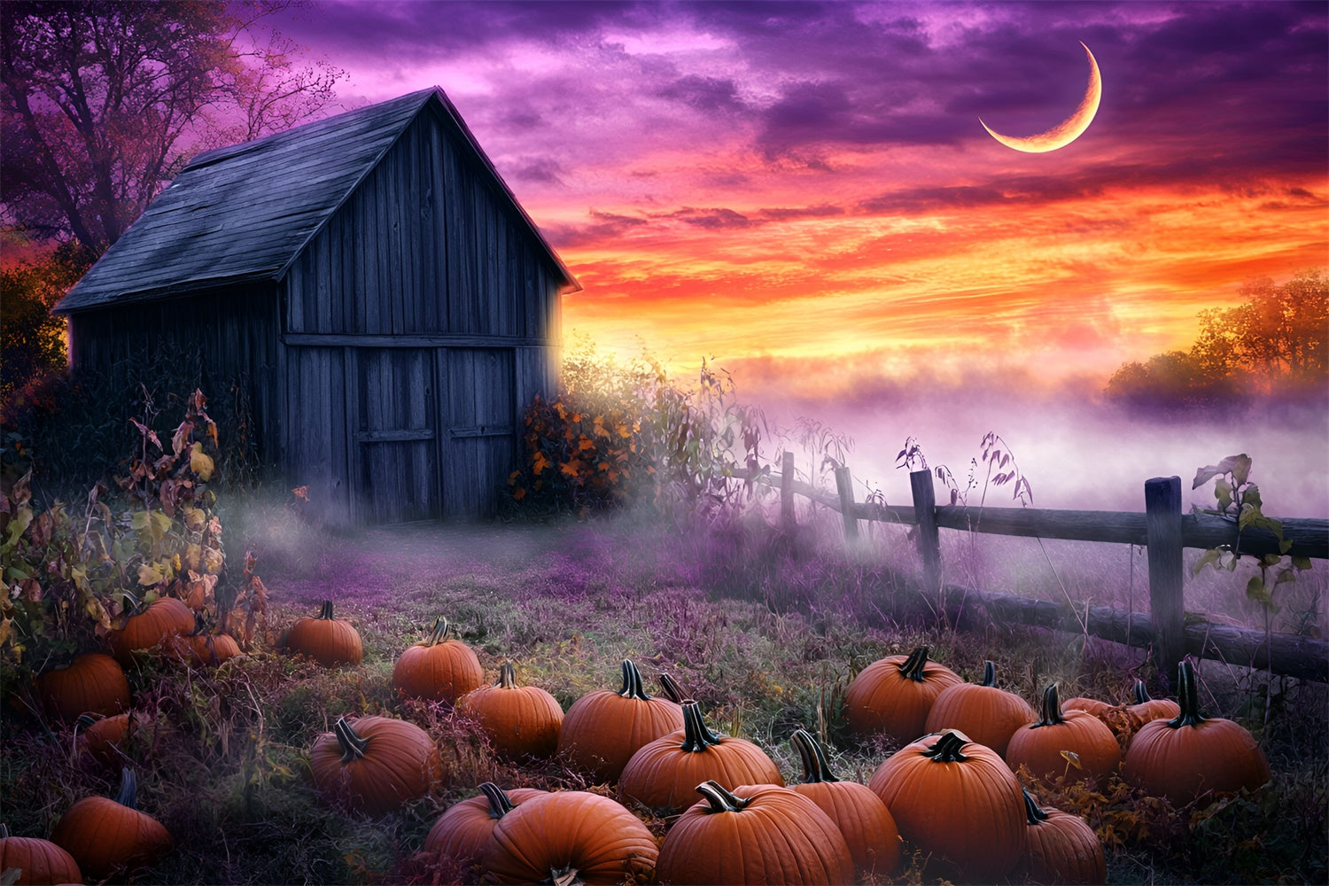 Sunset Photo Backdrop Pumpkin Fog Fantasy Fall Backdrops UK GQ57-107