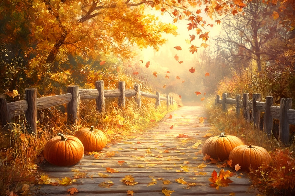 Fall Leaves Backdrop Rustic Fence Trail Forest Backdrop UK GQ57-108