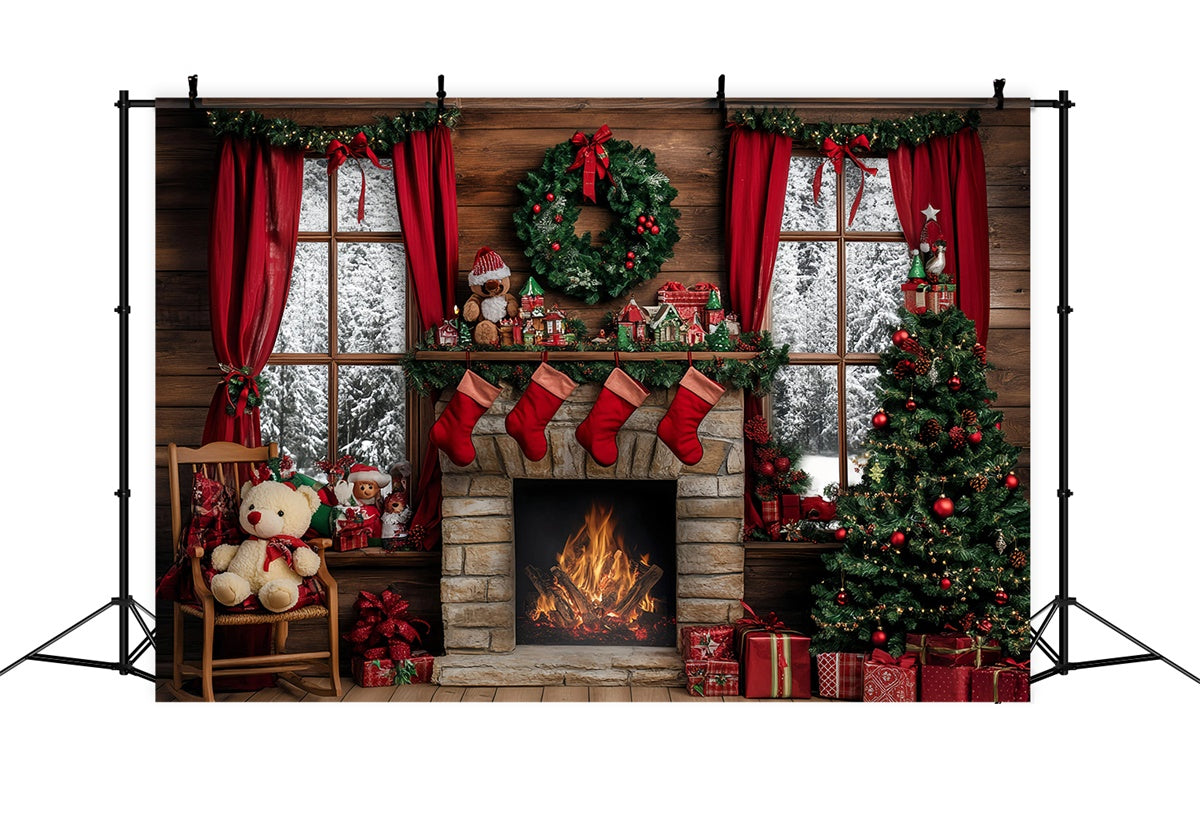 Christmas Fireplace Backdrop Rustic Hearth Tree Backdrop UK GQ57-13