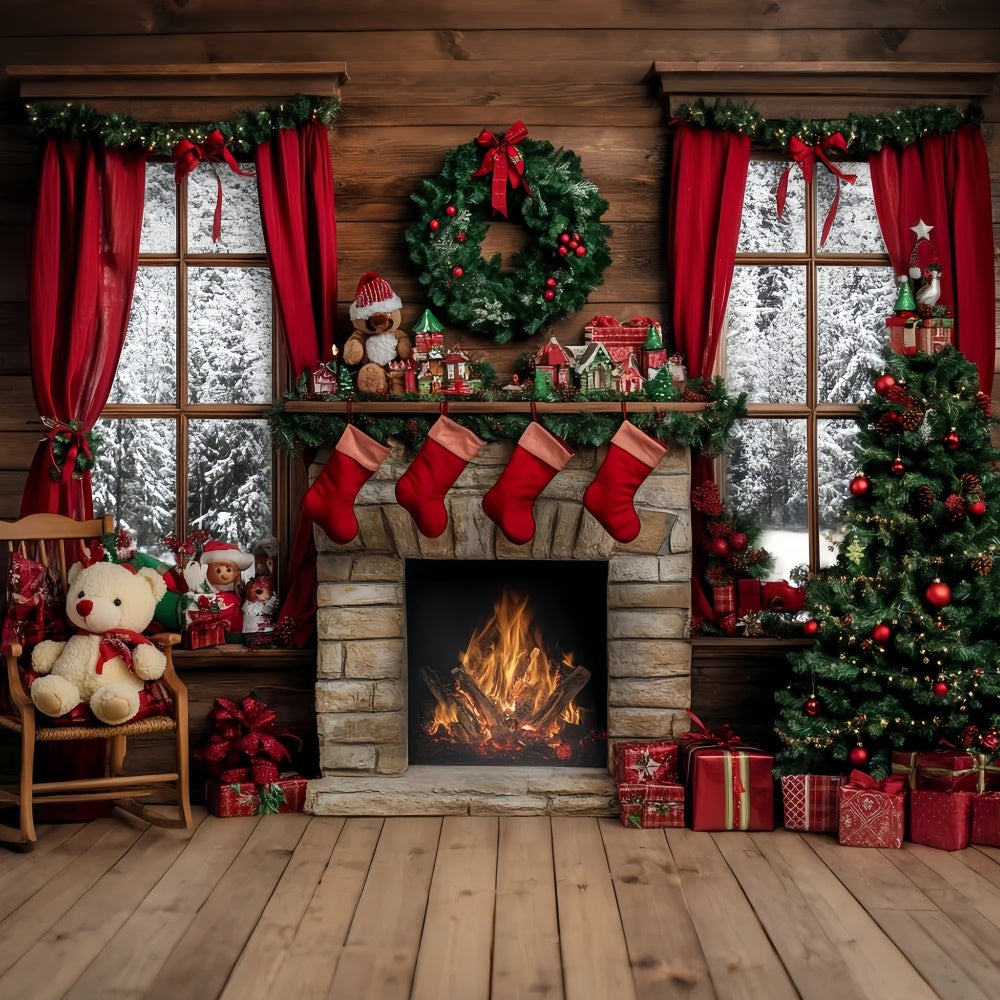Christmas Fireplace Backdrop Rustic Hearth Tree Backdrop UK GQ57-13