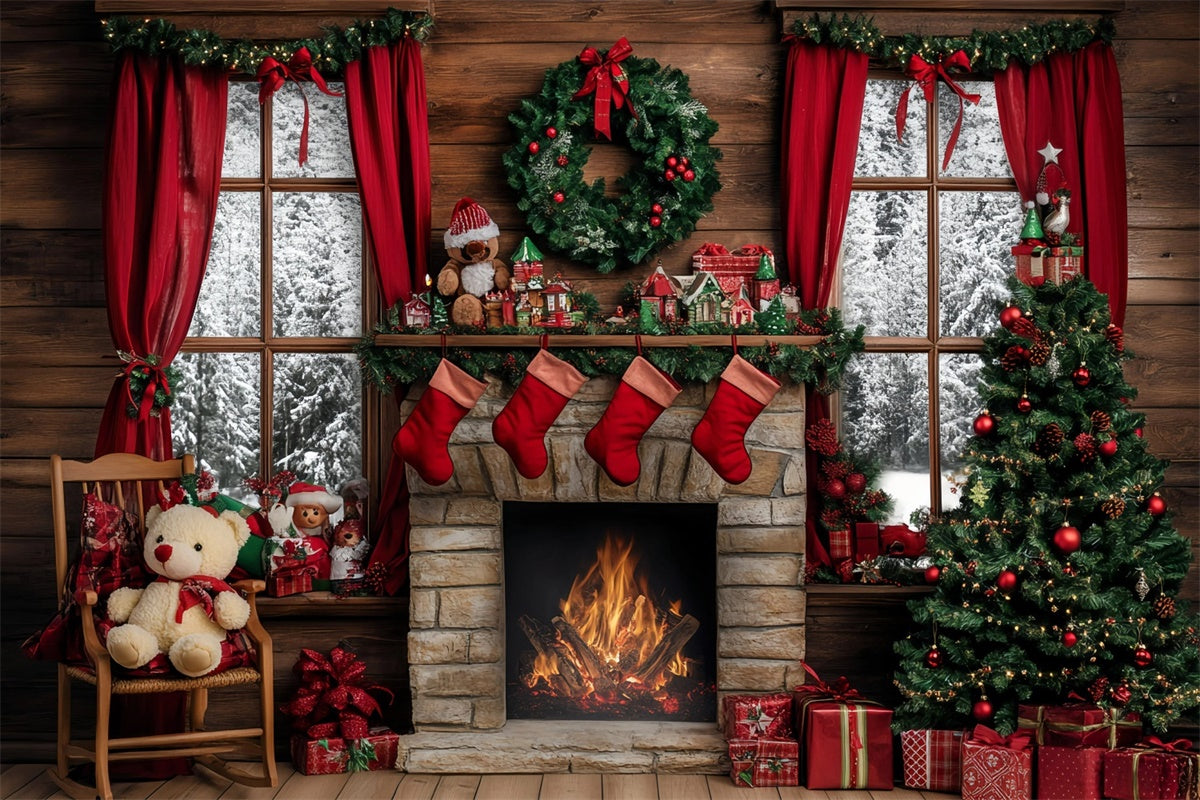 Christmas Fireplace Backdrop Rustic Hearth Tree Backdrop UK GQ57-13
