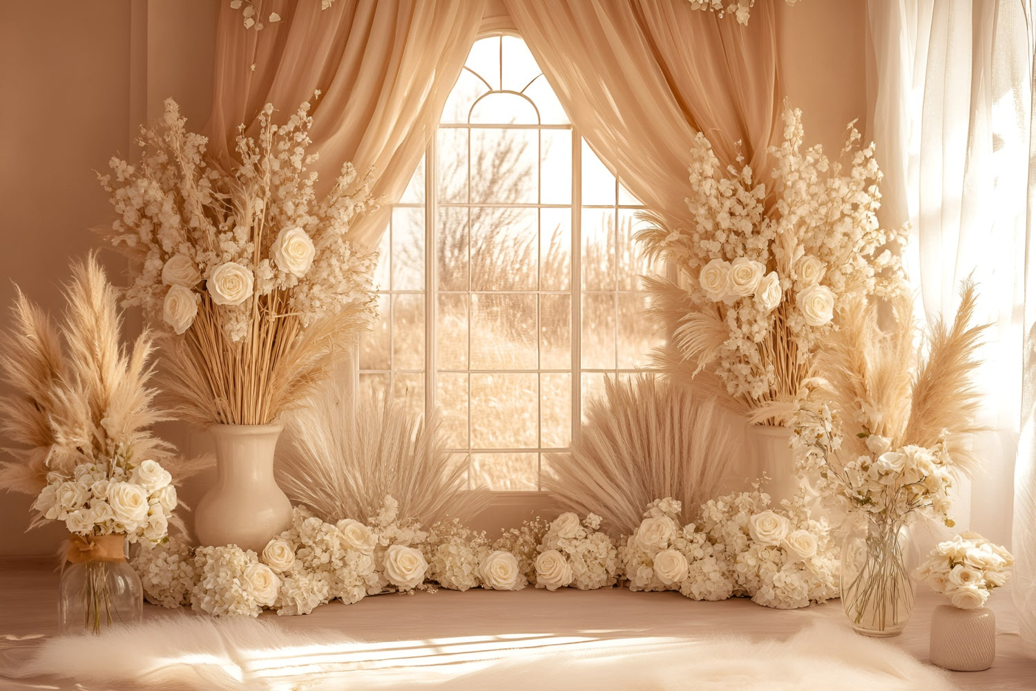 Boho Backdrops Cream Pampas Window Glow Backdrop UK GQ57-213