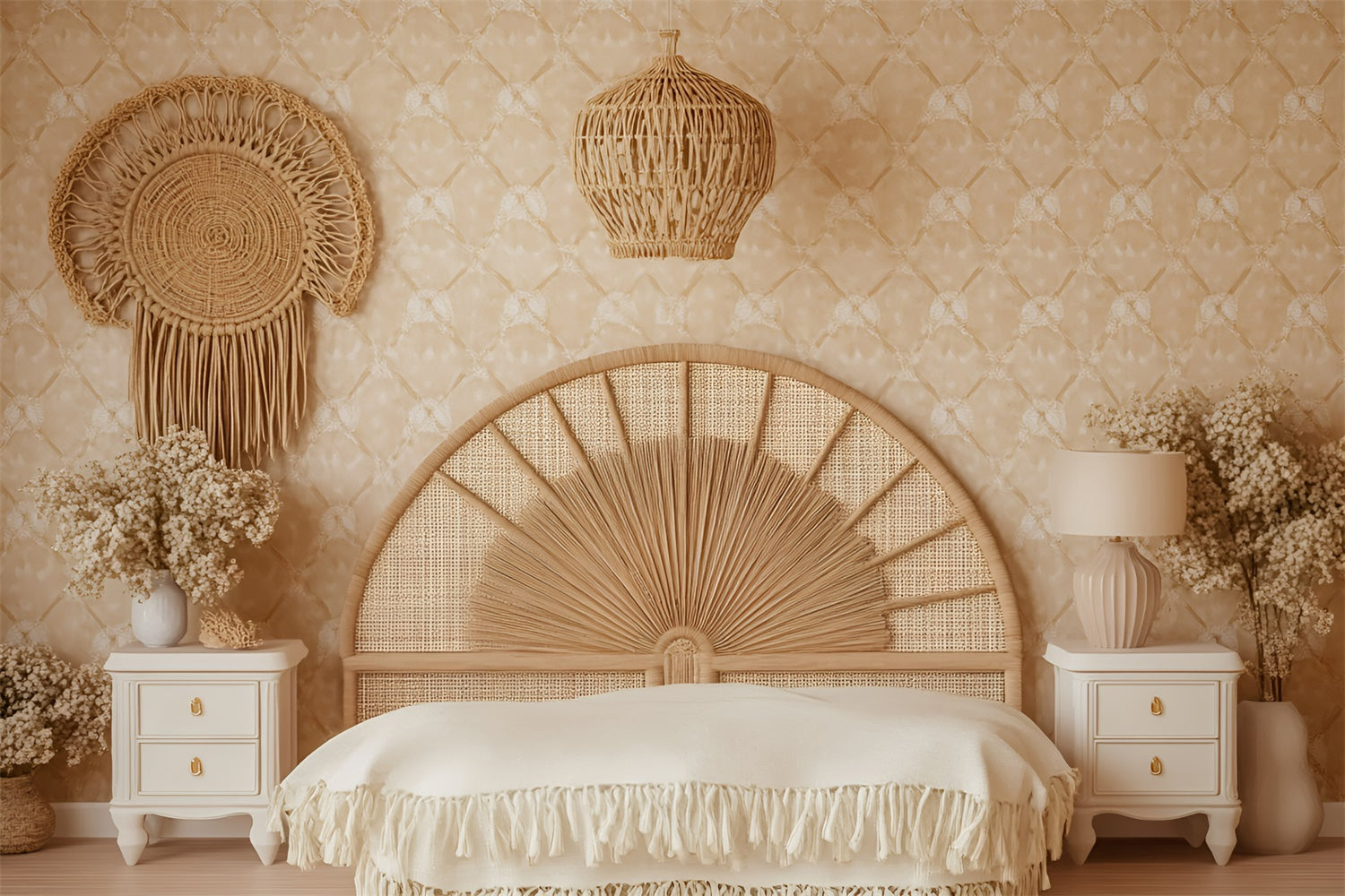 Bohemian Photo Backdrop Rattan Rustic Bedroom Backdrop UK GQ57-232