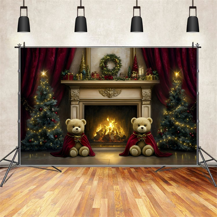 Christmas Fireplace Backdrop Teddy Bear Hearth Backdrop UK GQ57-27