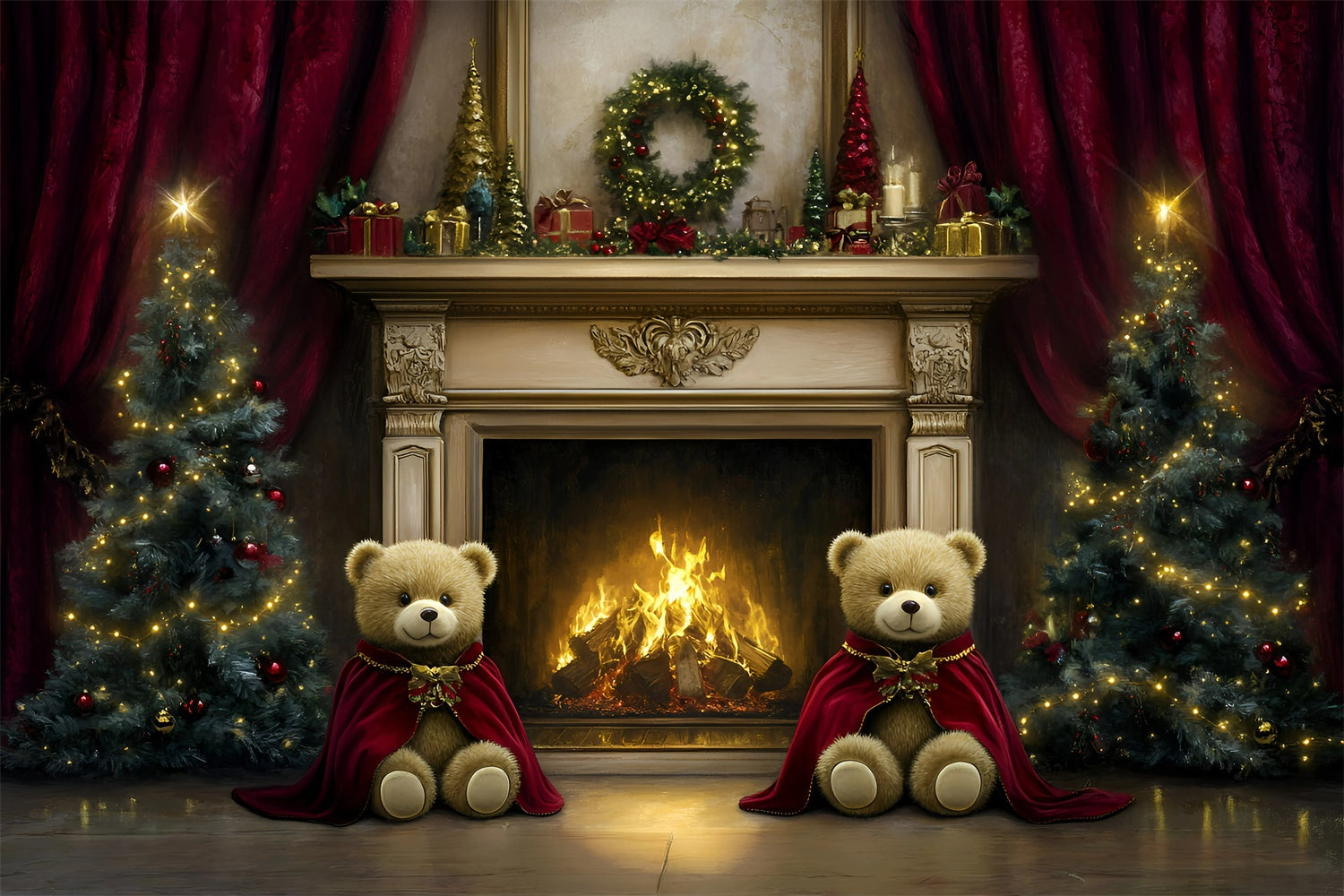 Christmas Fireplace Backdrop Teddy Bear Hearth Backdrop UK GQ57-27