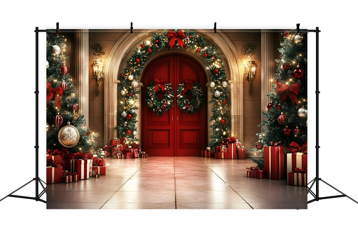 Professional Christmas Backdrops Red Door Garland Glow Backdrop UK GQ57-43