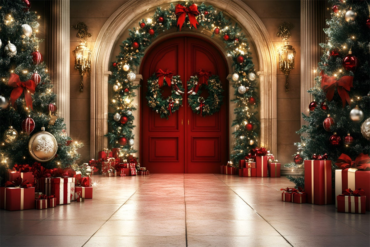 Professional Christmas Backdrops Red Door Garland Glow Backdrop UK GQ57-43
