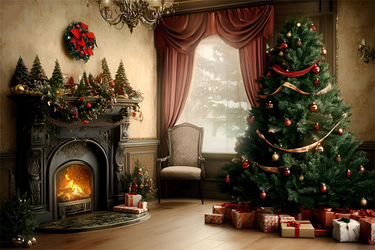 Christmas Fireplace Backdrop Vintage Christmas Parlor Backdrop UK GQ57-44