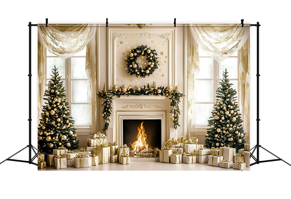Christmas Fireplace Backdrop White Gold Holiday Backdrop UK GQ57-48