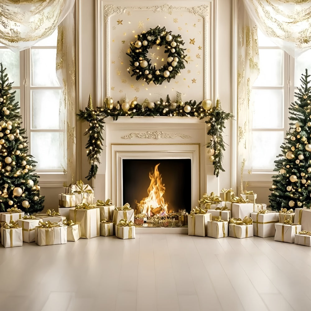 Christmas Fireplace Backdrop White Gold Holiday Backdrop UK GQ57-48