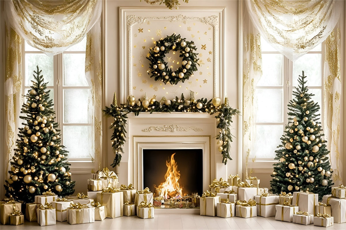 Christmas Fireplace Backdrop White Gold Holiday Backdrop UK GQ57-48