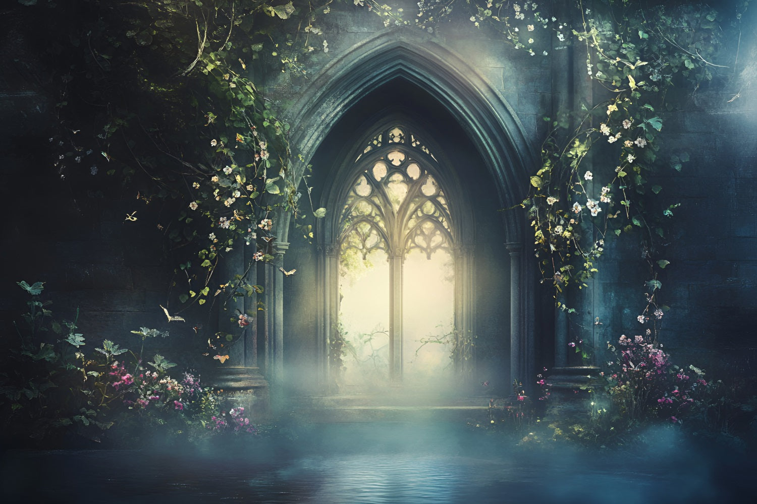 Gothic Backdrop Enchanted Gothic Arch Blooming Vines Vintage Backdrop UK GQ58-111