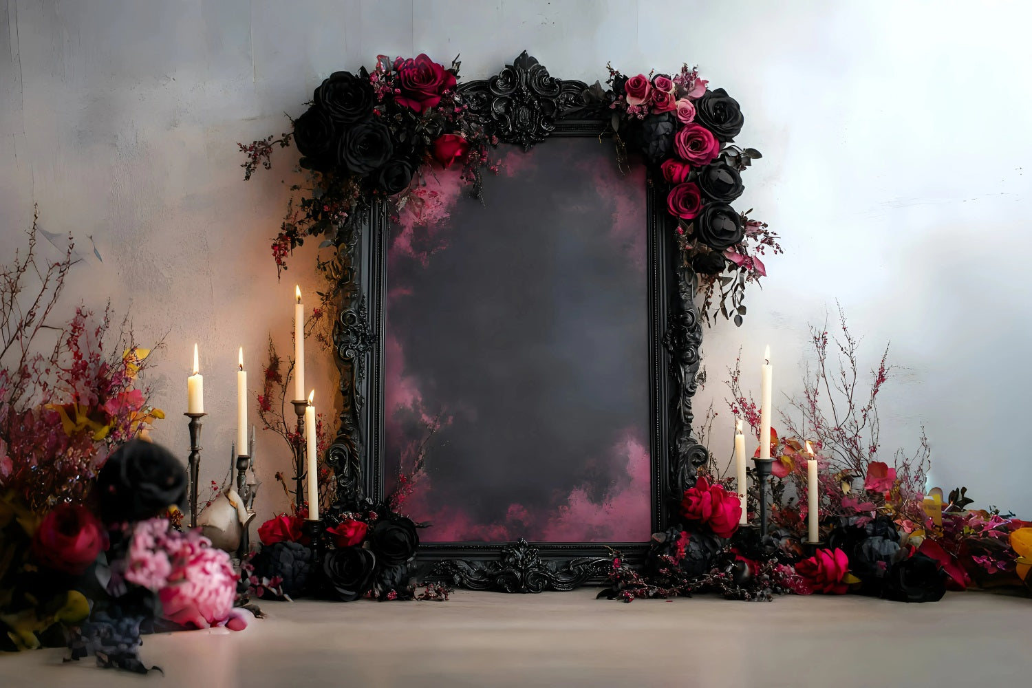 Gothic Backdrop Romantic Black Red Rose Candle Frame Vintage Photo Backdrop UK GQ58-112