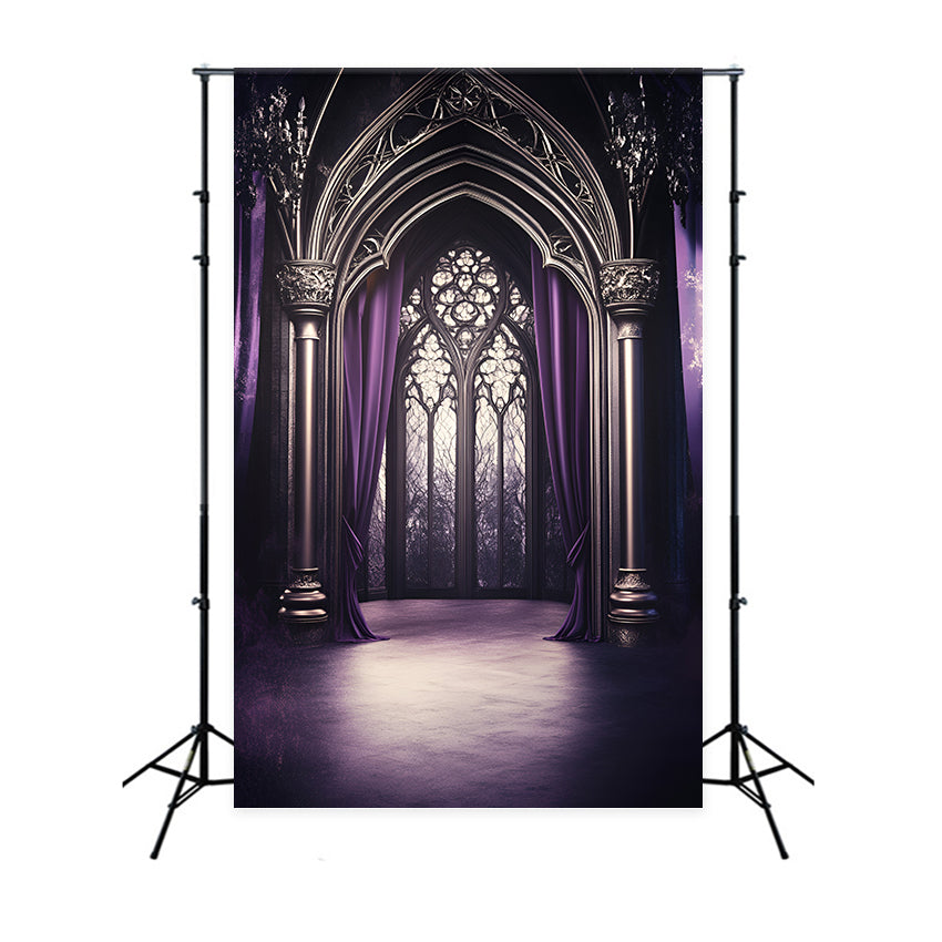 Gothic Backdrop Purple Draped Cathedral Arched Window Vintage Backdrops UK GQ58-113