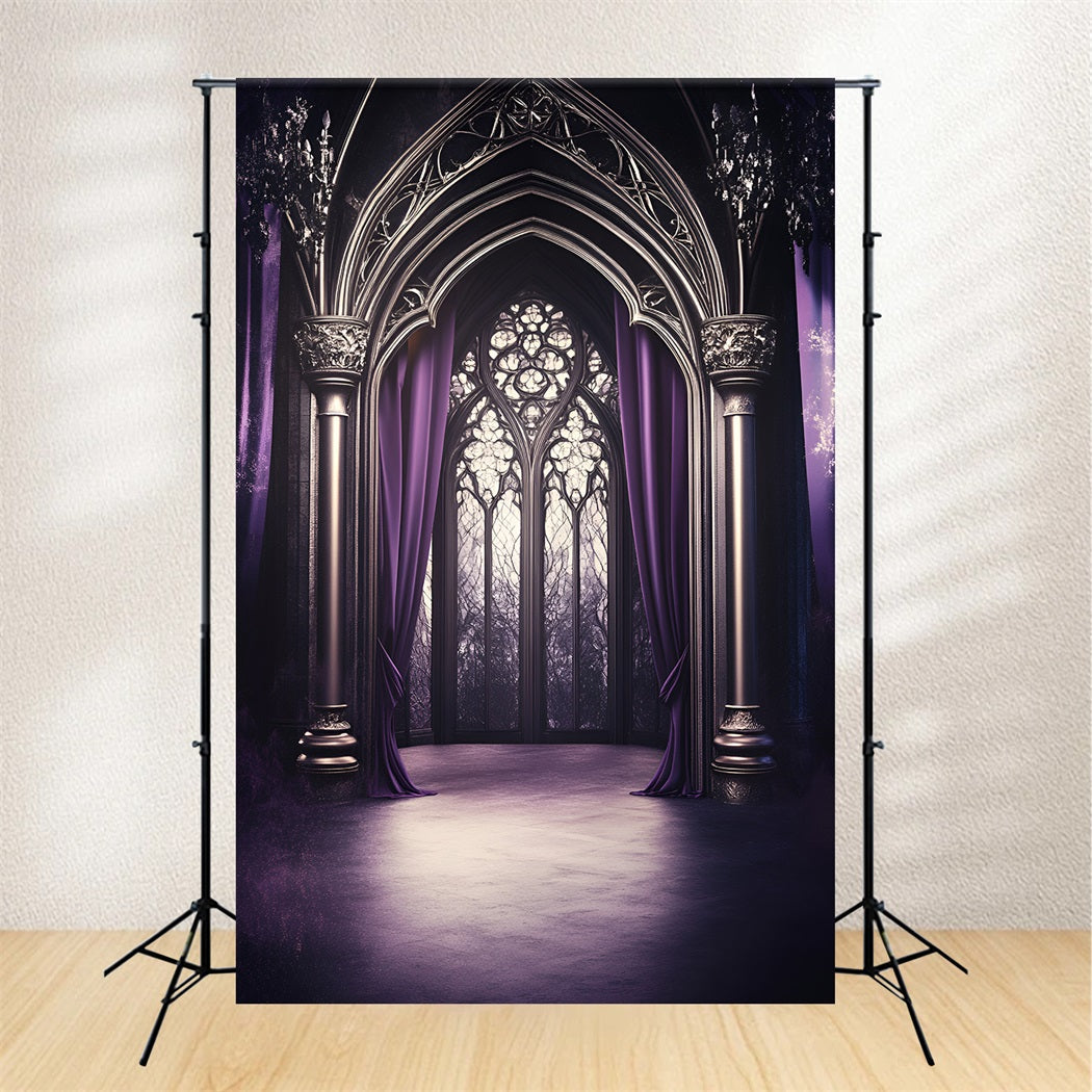 Gothic Backdrop Purple Draped Cathedral Arched Window Vintage Backdrops UK GQ58-113