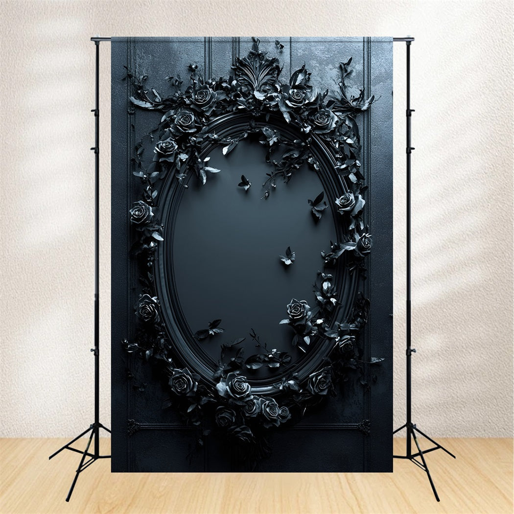 Gothic Backdrop Midnight Black Rose Oval Mirror Vintage Backdrop For Photoshoot UK GQ58-114