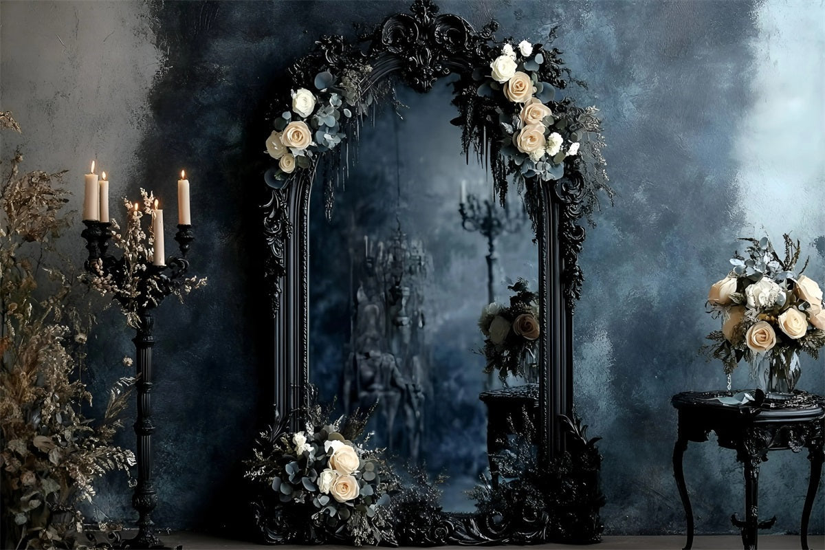 Gothic Backdrop Black Ornate Mirror Ivory Roses Vintage Photography Backdrops UK GQ58-115