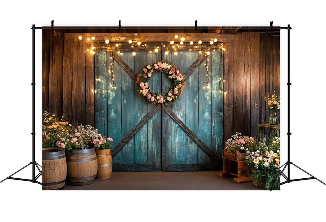 Western Backdrop Teal Barn Door Floral Wreath Vintage Photo Backdrops UK GQ58-118