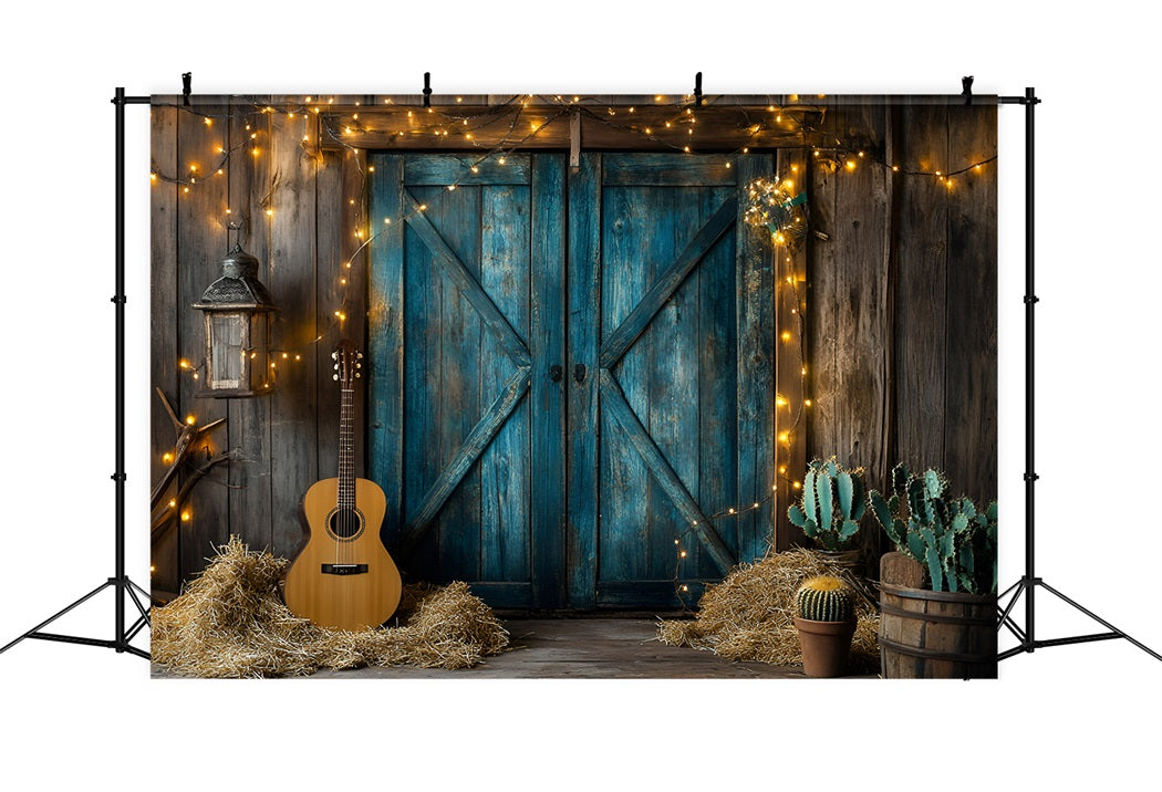 Western Backdrop Rustic Blue Barn Doors Guitar Cactus Vintage Photography Backdrops UK GQ58-119