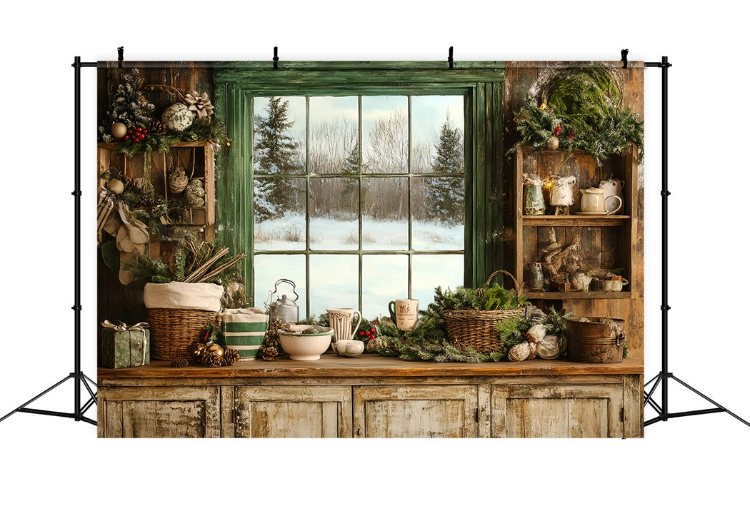 Rustic Backdrop Cozy Winter Kitchen Window Festive Greenery Vintage Backdrop Ideas UK GQ58-121