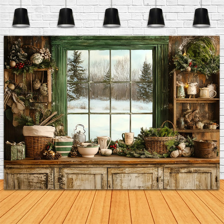 Rustic Backdrop Cozy Winter Kitchen Window Festive Greenery Vintage Backdrop Ideas UK GQ58-121