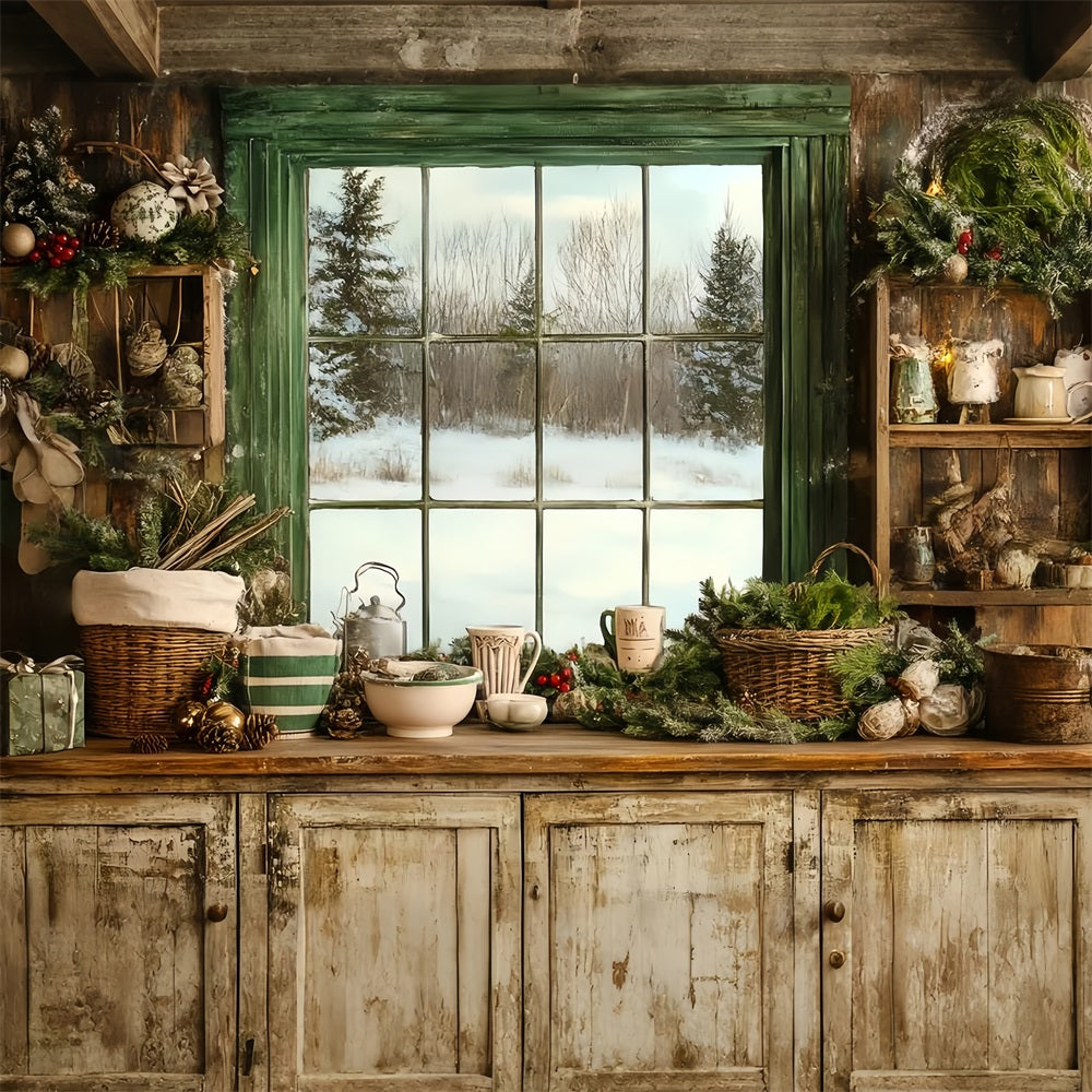 Rustic Backdrop Cozy Winter Kitchen Window Festive Greenery Vintage Backdrop Ideas UK GQ58-121