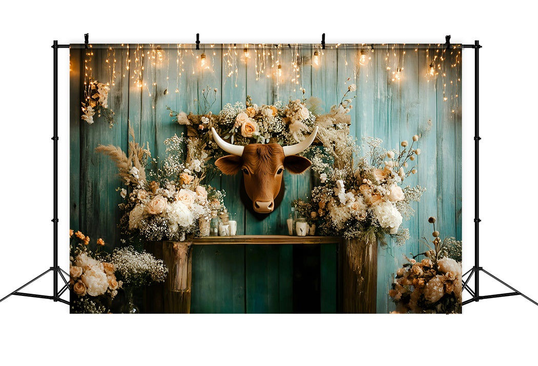 Rustic Backdrop Rustic Floral Longhorn Wall Arrangement Vintage Studio Backdrop UK GQ58-123