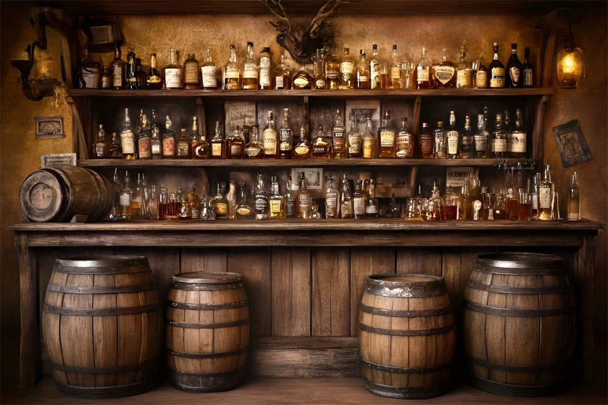 Rustic Backdrop Old Western Whiskey Barrel Bar Display Photo Backdrop Vintage UK GQ58-124