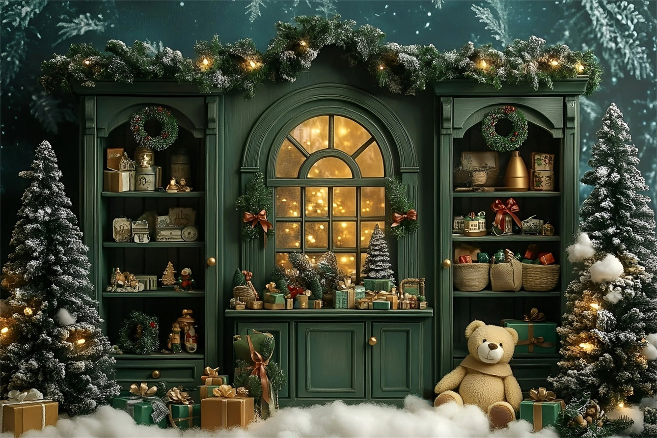 Christmas Backdrops Sale Vintage Green Shelf Cute Teddy Christmas Photo Backdrop UK GQ58-15