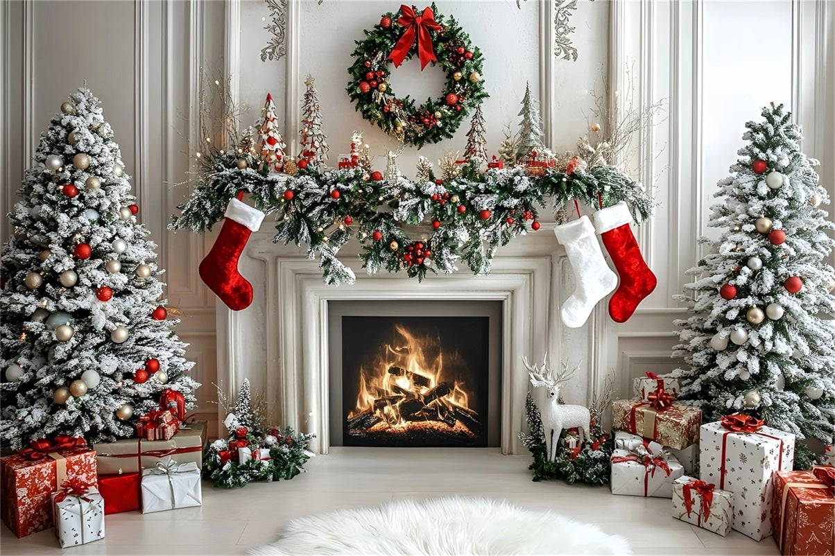 Christmas Fireplace Backdrop Modern Style White Wall Fireplace Christmas Photo Backdrop UK GQ58-16