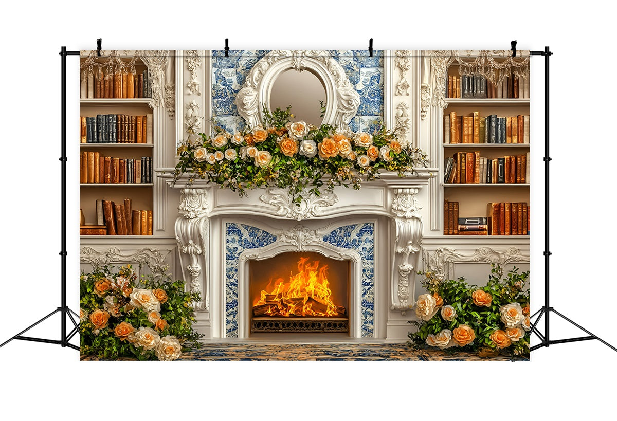Christmas Fireplace Backdrop Romantic Champagne Rose Bookshelf Wall Christmas Backdrop for Photos UK GQ58-18