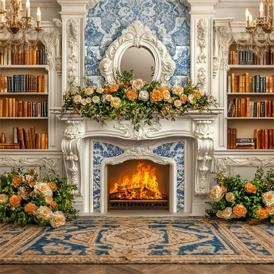 Christmas Fireplace Backdrop Romantic Champagne Rose Bookshelf Wall Christmas Backdrop for Photos UK GQ58-18